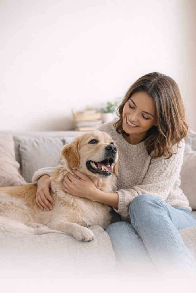 Mujer con su perro en casa, imagen para seguro de mascotas Generali en España