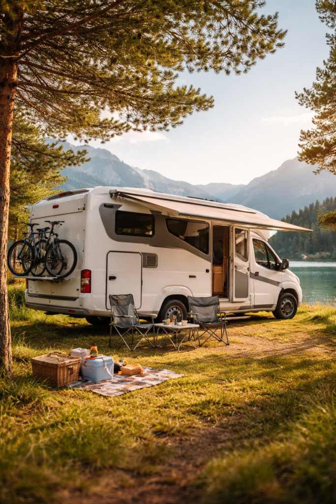 Autocaravana blanca aparcada junto a un lago en un camping, imagen para landing de seguro de autocaravana en España