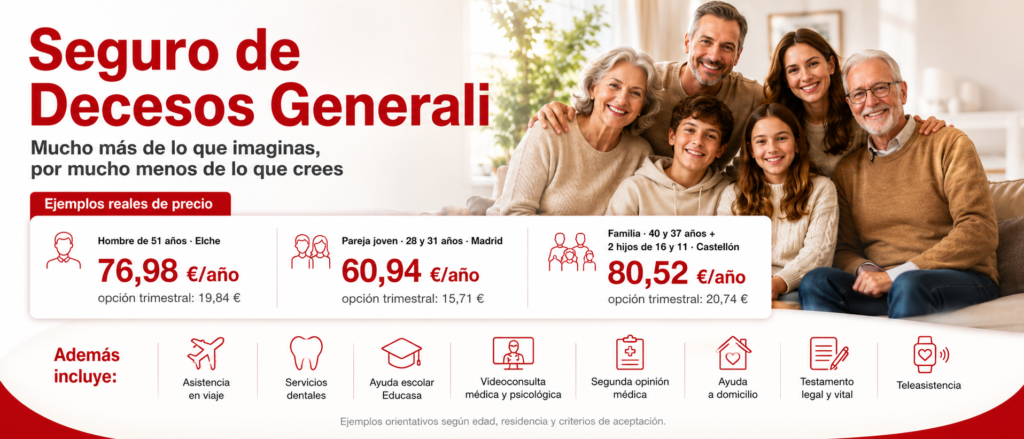 Seguro de Decesos Generali con ejemplos reales de precios para hombre de 51 años en Elche, pareja joven en Madrid y familia con hijos en Castellón, incluyendo asistencia en viaje, servicios dentales, ayuda escolar, videoconsulta médica y ayuda a domicilio.